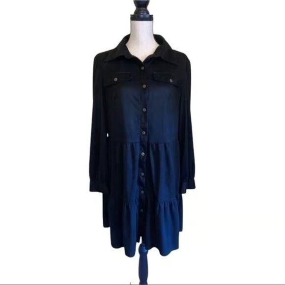 SHEIN Curve Dress Womens 1XL Black Button Down Tiered Long Sleeve Shirt Dress - Picture 1 of 3